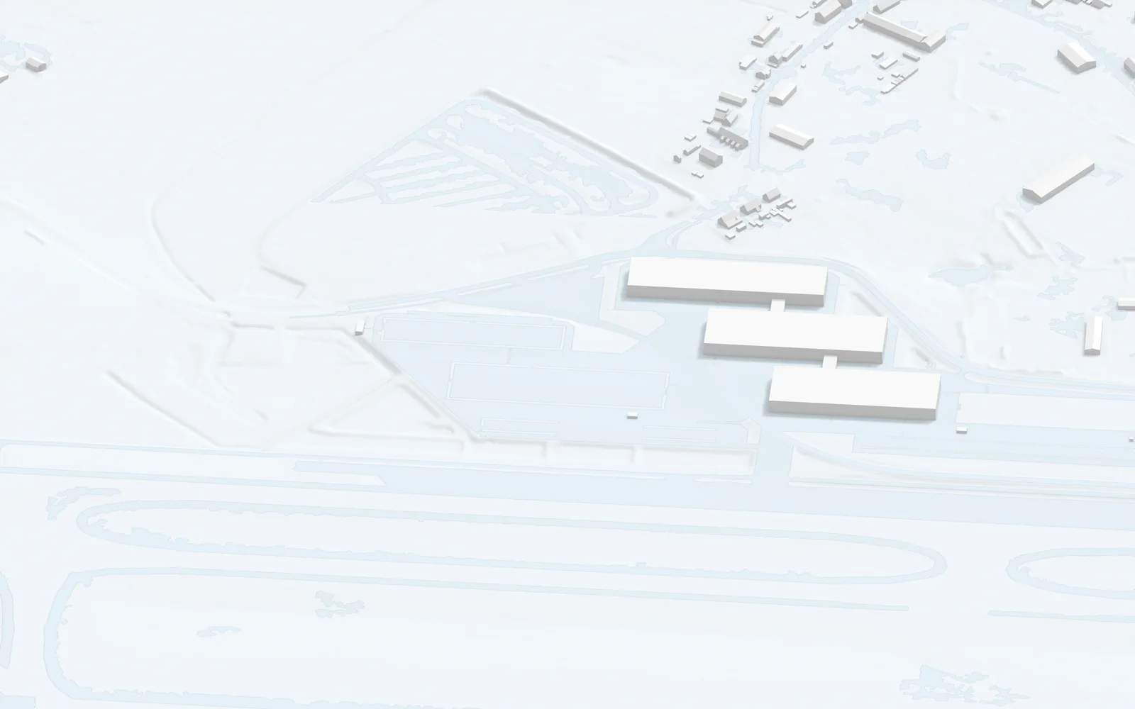 Model view of Berlin ExpoCenter Airport with halls A to C and the apron